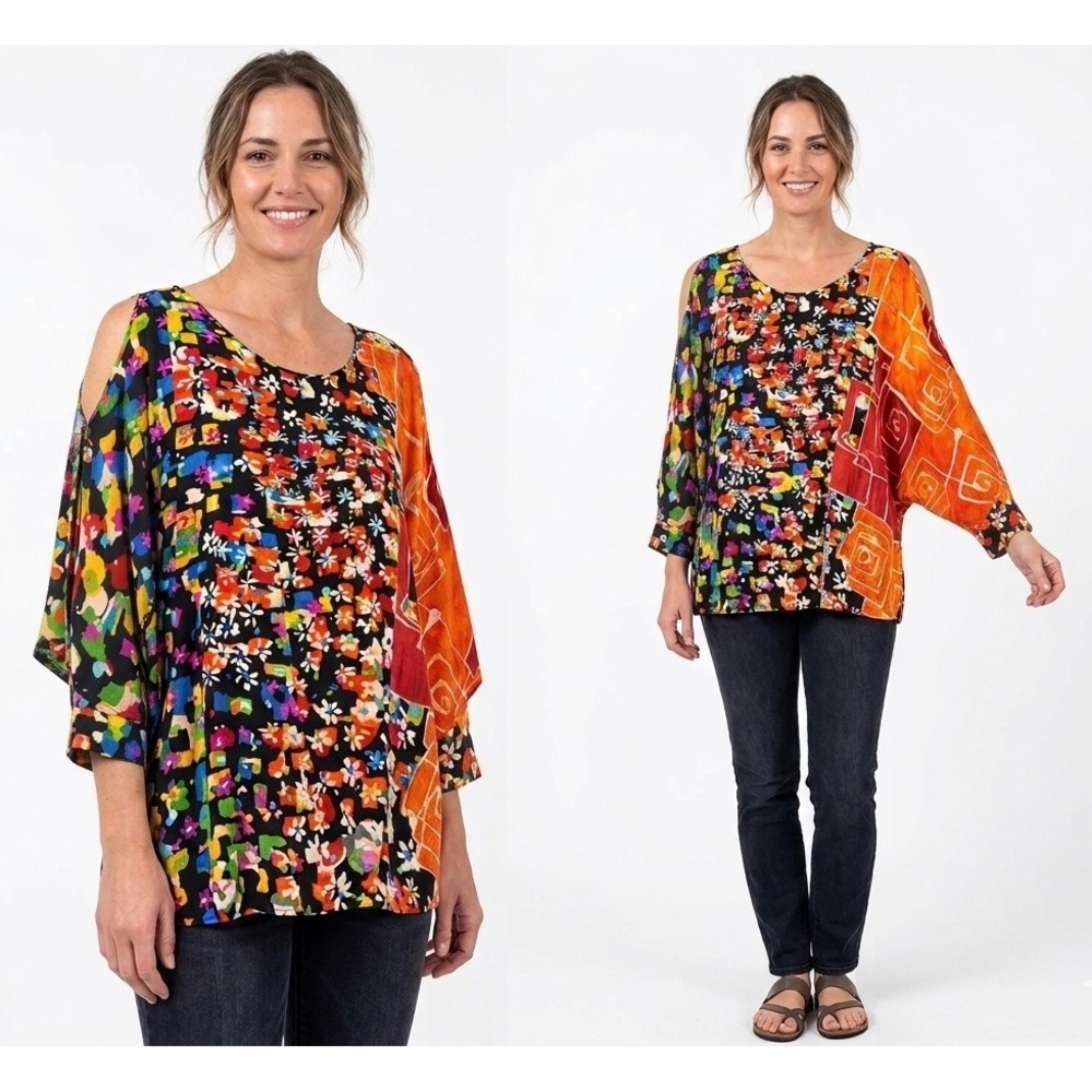 Jams World Mixed Print Top M Cold Shoulder colorful Geometric RayonBohemian USA